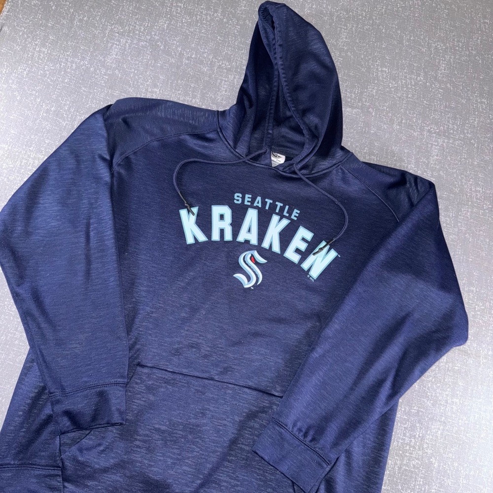 NHL‎ Seattle Kraken Hoodie Mens L Navy Blue Heathered Fleece Pullover Sweatshirt